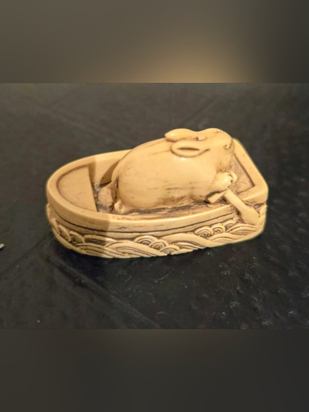 Vintage Netsuke Rabbit In Boat Miniature Figurine